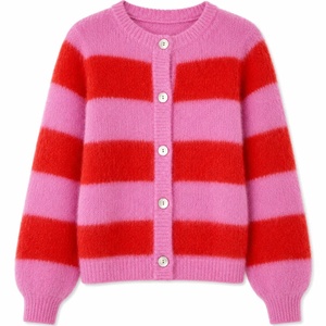 Suéter Cárdigan de Punto Personalizado para Mujer, Estilo Universitario, Color Rosa y Rojo con Rayas, Cuello Redondo, OEM, con Botones - Product Image 1