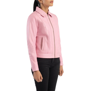 Chaqueta de cuero genuino rosa para mujer, abrigo de otoño de manga larga con cremallera y cuello vuelto - Product Image 4