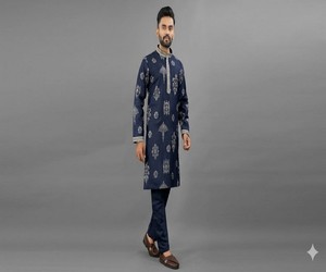Kurta Pijama Azul Marino Bordado para Hombre, Traje Tradicional Étnico para Boda, Corte Regular, Largo hasta el Tobillo, SWASTIK-ALU ARJUN 85316 - Product Image 4