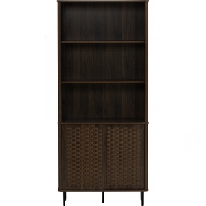 Contemporary Modern <b>Walnut</b> Large Bookcase in Rattan Design Display Cabinet with Metal Legs for Office and Living Room - Product Image 2