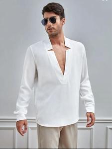 เสื้อเชิ้ตคอกลมแบบมีปกสำหรับผู้ชาย เสื้อเชิ้ต The Sculpted Notch Resort เสื้อเชิ้ตแขนยาวทรงเรขาคณิตแบบ V-Placket - Product Image 5