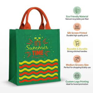 Custom Printed Jute Shopping Tote <b>Bag</b> | Silk Screen Logo Print Recyclable Natural Color <b>Medium</b> Size Eco Friendly Carry <b>Bag</b> - Product Image 6