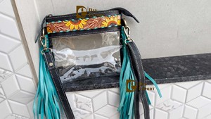Sac à main transparent à franges de créateur, élégant, en cuir sculpté à la main, couleur turquoise tournesol, pour femmes - Product Image 5