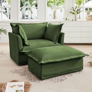 Ensemble de fauteuils de salon spacieux avec ottoman recouvert de tissu, fauteuil rembourré à assise profonde et ottoman large, design élégant de fauteuil. - Product Image 2