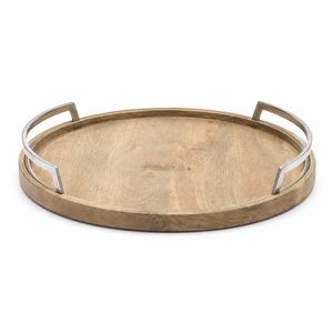 Bandeja Redonda de Madera Premium con Asas Metálicas, Decorativa para Desayuno, Café, Otomana, Plato de Comedor, Organizador para el Hogar y la Cocina - Product Image 1
