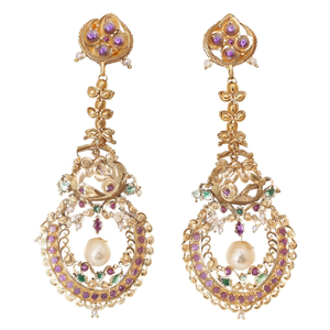Vintage Brass Chandelier Drop Earrings with Pearl Diamond and Zircon - Product Image 2