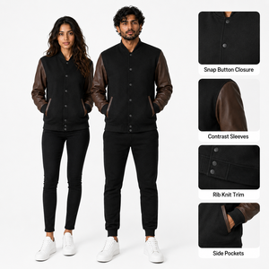 Veste universitaire unisexe noire avec manches en cuir PU marron, coupe classique, col rabattu, fermeture boutonnée, vêtement décontracté pour l'automne - Product Image 5