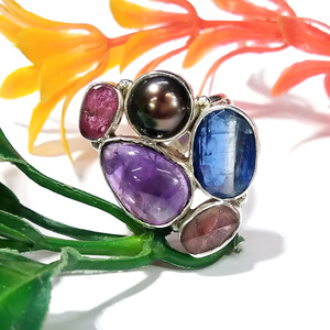 Bague de fiançailles et de mariage en argent sterling 925 fait main avec kyanite naturelle, améthyste, perle noire et tourmaline rose, multi-pierres, style statement - Product Image 5