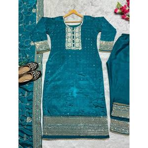 Salwar Kameez de style fantaisie pour femme - Haut long, pantalon et dupatta en polyester pour les fêtes - Product Image 5