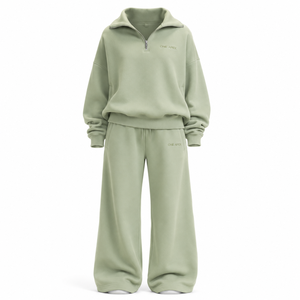 Conjunto de chándal de felpa gruesa premium para mujer: Sudadera oversize con cremallera de un cuarto y pantalones de chándal de pierna ancha OEM ODM - Product Image 2