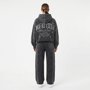 Conjunto de Sudadera con Capucha y Pantalones Jogger para Mujer, Color Gris Carbón, Lavado Ácido, Algodón y Felpa, Ropa Deportiva Urbana, Venta al Por Mayor OEM - Product Image 2