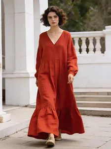 Robe longue bleu marine pour femme en coton et lin, coupe ample, manches longues, col en V, style bohème décontracté à volants - Product Image 3