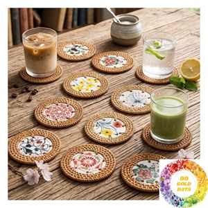 Handcrafted Rattan <b>Drink</b> <b>Coaster</b> 10cm with Colorful Mother of Pearl Inlay for Gift Shops Home Decor and Table Settings - Product Image 4