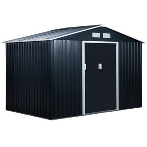 Casetta da Giardino in Metallo con Porta Scorrevole a 2 Lati 9FT X 6FT Grigio Scuro 4 Prese d'Aria per Cortile, Patio, Prato - Product Image 1