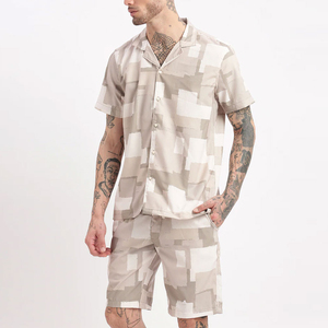 Conjunto de Camisa y Pantalones Cortos de Lino para Hombre, Diseño Sólido de Poliéster y Algodón Tejido, Manga Corta, Estilo Casual de Verano, con Estampado Digital - Product Image 2