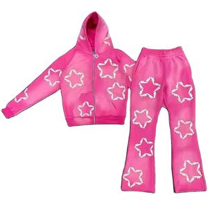 Survêtement évasé zippé délavé à l'acide pour hommes Prix de gros Ensemble survêtement évasé imprimé délavé à l'acide personnalisé et sweat à capuche - Product Image 1