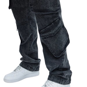 Pantalones Vaqueros Cargo Negros para Hombre, Corte Recto, Multibolsillos, Estilo Utilitario, Lavado Vintage, Casual, Streetwear, 100% Algodón, con Botones - Product Image 5