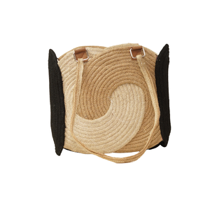 Handcrafted Swirl Spiral Jute Braided Women Tote Bag Contrast <b>Black</b> Side Gusset Long Shoulder Strap Casual <b>Handbag</b> Wholesale - Product Image 1