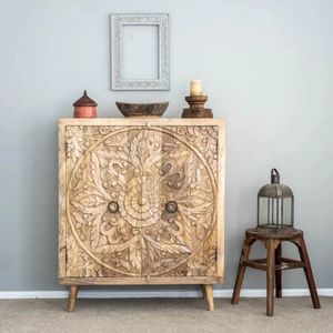 Hand Carved Wood <b>Sideboard</b> Rustic <b>Storage</b> Cabinet Antique Design Metal Handles for Living Room Home Furniture - Product Image 1