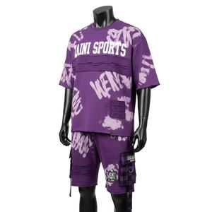 Ensemble t-shirt et short pour homme en jersey de coton premium, doux, respirant, tie-dye violet, panneaux superposés, logo personnalisé - Product Image 4