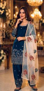 Ensemble Salwar Kameez en soie tissée brodée de fleurs pour femmes avec dupatta, style velours, tenue de fête et de mariage - Product Image 6