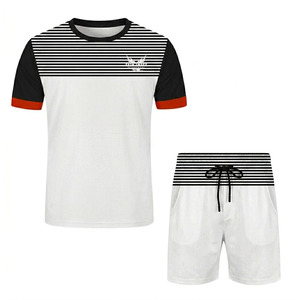 Men's White Striped Crew Neck T-Shirt And Shorts <b>Set</b> Quick Dry <b>Knitted</b> Casual Summer Wear Women's summer shorts <b>set</b> - Product Image 1