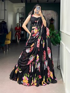 Vestido Largo de Gasa con Estampado Floral y Dupatta, Sin Mangas, Cuello Cuadrado, para Fiesta o Boda, para Mujer - Product Image 3