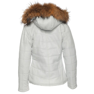 Veste en cuir de mouton matelassée blanche tendance pour femme, avec fourrure et capuche amovible, fermeture éclair, manteau d'hiver - Product Image 3