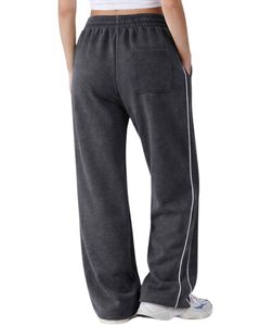 Pantalon de jogging ample gris foncé pour femme, en molleton, avec passepoil latéral, taille élastique et cordon de serrage, décontracté, pour la détente - Product Image 3