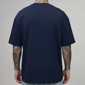 T-shirt en coton bleu marine surdimensionné pour homme, manches courtes, col rond, couleur unie, logo imprimé sur le devant, jersey tricoté, coupe ajustée - Product Image 3