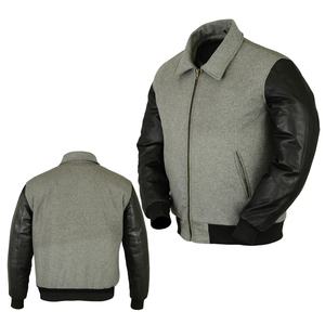 Unisex Luxury Wool Varsity Bomber <b>Jacket</b> with <b>Leather</b> Sleeves Stand Collar Solid College Letterman Streetwear Winter Fashion - Product Image 1