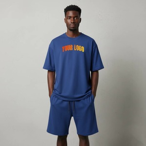 Conjunto de Camiseta Azul de Cuello Redondo y Pantalones Cortos para Hombre con Estampado de Letras en la Parte Delantera, Corte Holgado, Transpirable, de Algodón, para Todas las Temporadas, Ropa Casual - Product Image 1