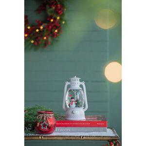 Lanterna Natalizia Bianca 12x12x21 cm con Pupazzo di Neve e Albero, LED/Neve Rotante, Timer 6 Ore, Richiede 3 Batterie AA, Decorazioni in Resina - Product Image 3