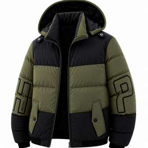 <b>Mens</b> Winter Color Block Zip-Up Puffer <b>Jacket</b> <b>Canvas</b> Plain Dyed Stand Outdoor Windproof Breathable Eco-Friendly Anti-Bacterial - Product Image 1