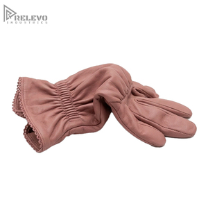 Custom Women Dusty Pink Genuine Leather Gloves, <b>Lace</b> Trim Cuff <b>Elastic</b> Wrist Driving Dress Gloves OEM Wholesale - Product Image 4