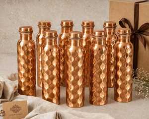 Pure Copper 1 Litre Diamond Hammered Handmade Ayurvedic Portable Water Bottle Lid Gift Box Packaging Luxury Copper <b>Drinkware</b> - Product Image 1