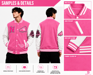 Blouson universitaire unisexe rose coupe-vent d'hiver avec patch brodé, style preppy, col montant, coupe régulière, logo frontal - Product Image 6