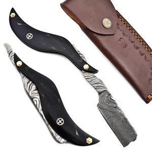 Couteau de poche rasoir droit artisanal en acier Damas avec manche en corne noire, garantie 3 ans, pour camping en extérieur, OEM - Product Image 1