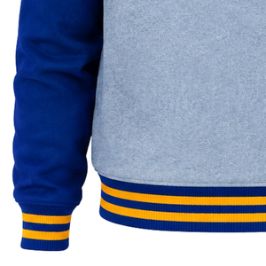 Womens Light <b>Grey</b> Varsity Bomber Jacket Blue Sleeves SGP Oval Embroidery Gold Trim Snap Button College Letterman Style <b>Coat</b> - Product Image 3