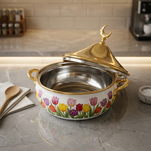 Chauffe-plat de luxe en acier inoxydable, motif tulipe, avec bouton lune, pour buffet, cadeau Ramadan, vaisselle - Product Image 5