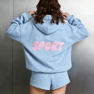 Sudadera con Capucha y Pantalones Cortos Personalizados para Mujer, Térmicos, Gruesos, 500 GSM 350 GSM, de Poliéster/Algodón, con Forro Polar, Bordados, Talla Grande - Product Image 1