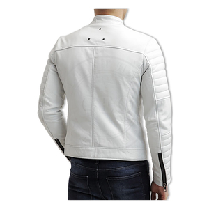 SHAFIQ SPORTS Men's <b>White</b> Genuine Leather Breathable Hooded Moto <b>Jacket</b> Stand Collar Zipper Closure Slim Fit <b>Short</b> Length Solid - Product Image 6