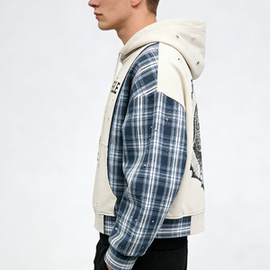 Sweat-shirt à capuche pour homme, patchwork à carreaux, surdimensionné, style streetwear, pull-over, tricoté, veste décontractée d'automne - Product Image 3