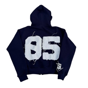 Hoodie personnalisé coupe-vent 100 % coton pour l'automne, style streetwear, avec fermeture éclair, appliqué, patchwork vieilli et broderie - Product Image 2