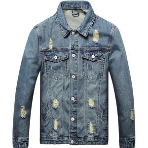 Veste en jean déchirée tendance pour homme 2024, coupe slim, bleu délavé, style vintage, streetwear décontracté, vente en gros de vestes en jean - Product Image 4
