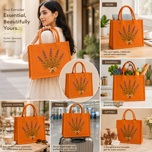 Sac fourre-tout en jute orange avec broderie lavande, style bohème, doublure en coton - Sac de voyage et de plage, sac de shopping - Product Image 3