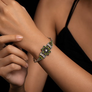 Hot Selling Women's Brass Oxidized Silver Antique Silver Plated <b>Beaded</b> <b>Bracelet</b> Quartz Green Gemstone Vintage Floral Design - Product Image 2