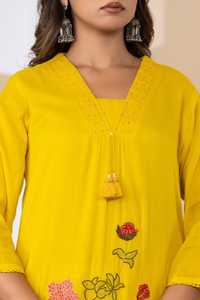 Designer Yellow Mul Cotton <b>Kurta</b> Pant Dupatta Set with Floral Embroidery for <b>Women</b> - Product Image 3