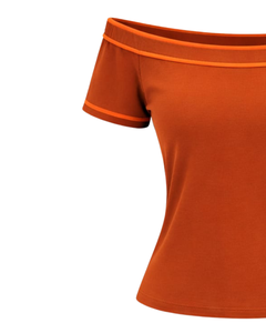 T-shirt orange pour femme, épaules dénudées, avec bordure contrastée, manches courtes, coupe ajustée, décontracté, haut d'été, fabricant OEM personnalisé - Product Image 2