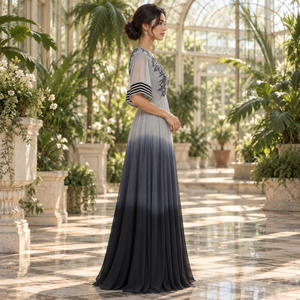 Vestido de Noche con Bordado Floral y Efecto Ombre |   Vestido Largo con Escote en V Profundo y Manga Corta, Estilo Línea A, para Fiestas, Bodas, Eventos Formales - Product Image 3
